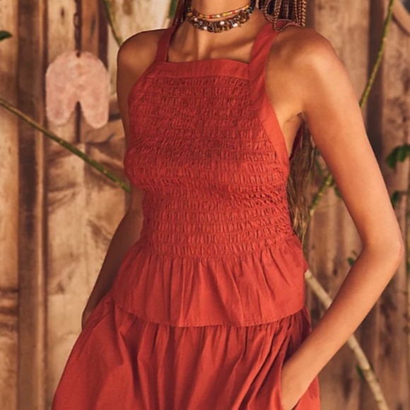 NWT Free People Fez Set Shorts & Tie Tank Smocked Camisole Top XS Spice Sunblush - Picture 7 of 7